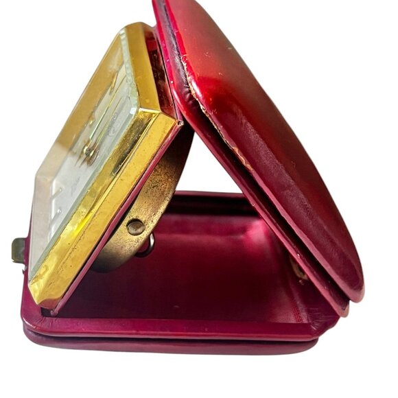 Rosemont Travel Alarm Clock W/  Burgundy Leather Case 15 Rubis Swiss Made Geneva - Picture 3 of 16